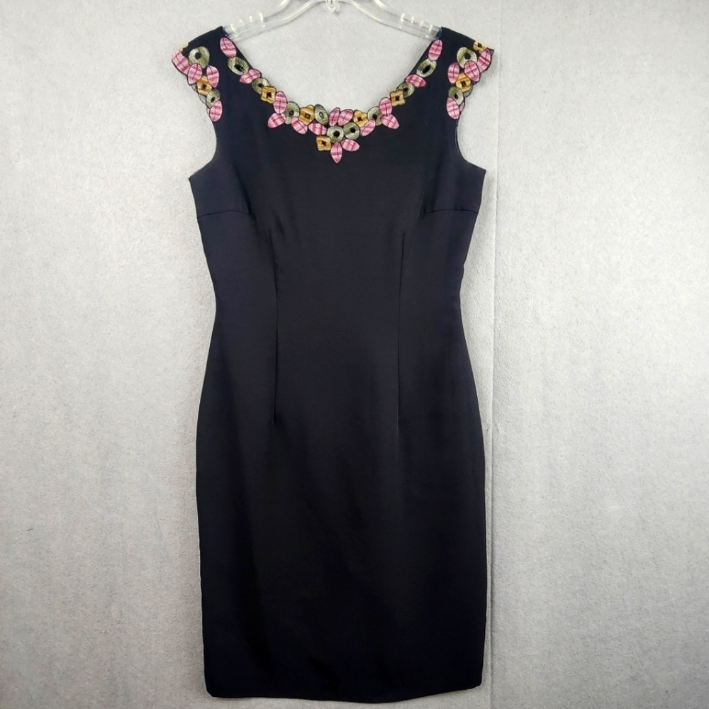 Elegant Black Dress with Pink Green And Yellow Embellishments London Times Sz 6